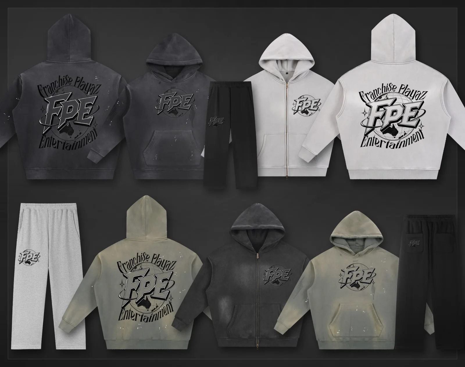 FPE Worldwide collection: washed black, grey and sage hoodies, zip hoodies and sweatpants printed with the Franchise Playaz Entertainment globe logo