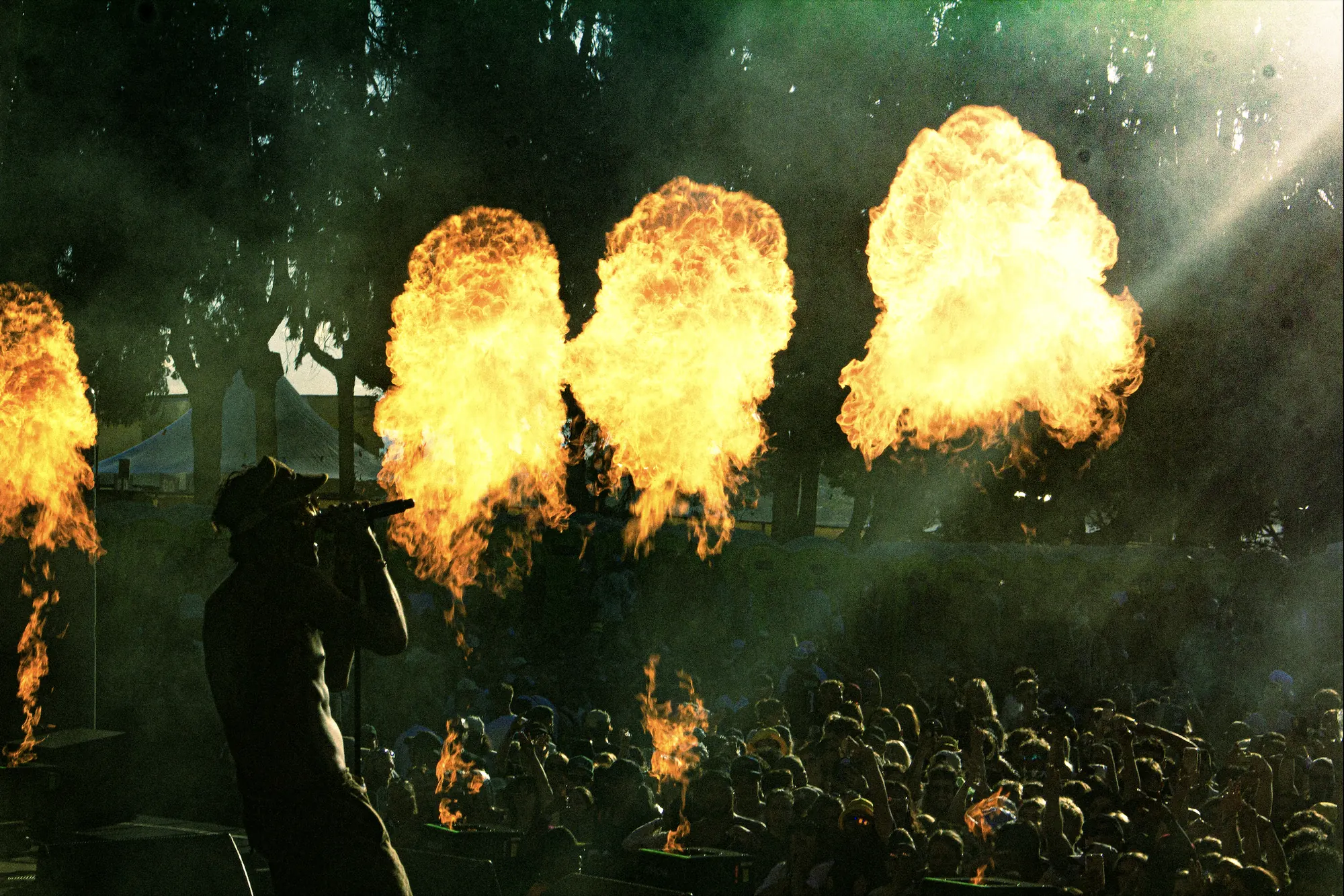 Pyro erupting from the Bay Dreams 2024 main stage