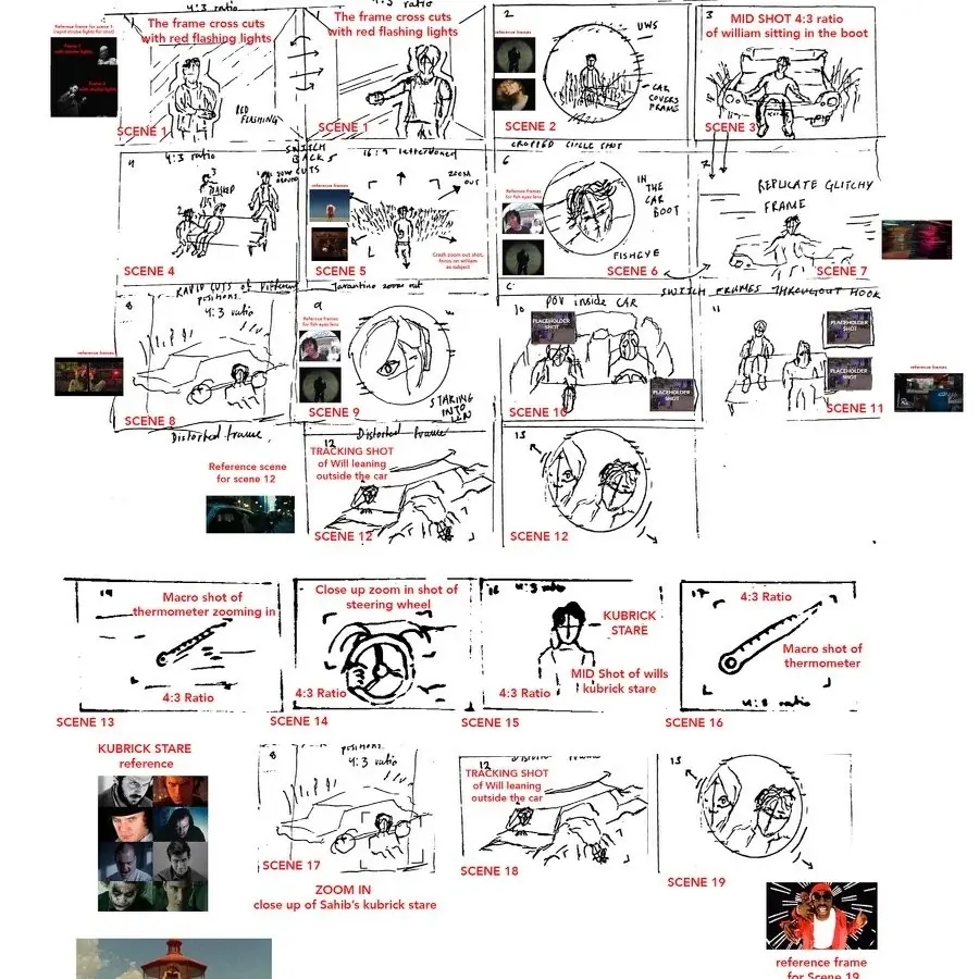 Hand-drawn storyboard sheet for a 0120 shoot.